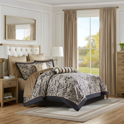 US Local 12 Piece Comforter Set With Cotton Bed Sheets Black Queen