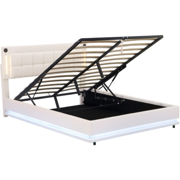 UK Local 5ft King LED Hydraulic Bed With Charging Station, Adjustable Square Tufted Headboard With Intelligent Control Light, Soft Velvet Bed Frame With USB And Type - C Ports, Beige