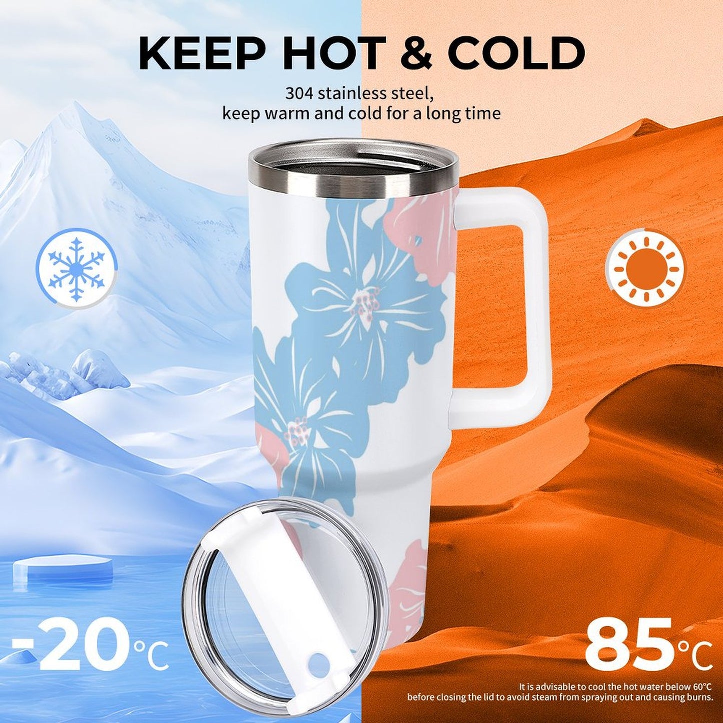 PHDT00423 POD US Local Tumbler 40 oz Large Capacity Car Cup Pink Flowers, Blue Flowers, Fresh