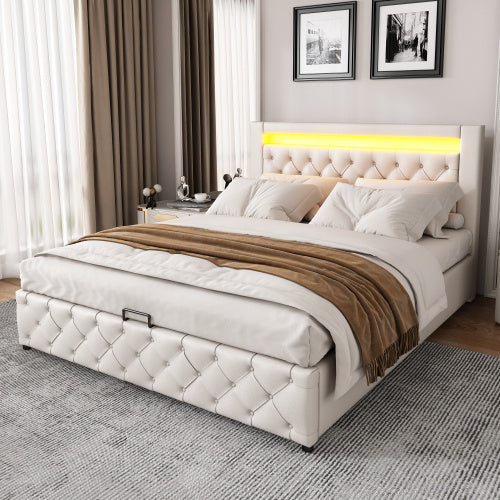 UK Local Upholstered Bed 135 X 190 Cm Functional Bed With Slatted Frame And Storage Space, LED Lighting In Different Colors, White, PU