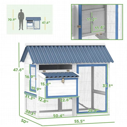 US Local 55.5 Inch Wooden Chicken Coop With Run Box, Nesting Box, Removable Tray, Ramp, Outdoor  For 2-3 Chickens, White