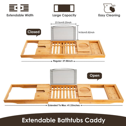 US Local 1Pc Bathtub Caddy Tray Crafted Bamboo Bath Tray Table Extendable Reading Rack Tablet Phone Holder Wine Glass Holder Shelf Desk Bathroom Spa