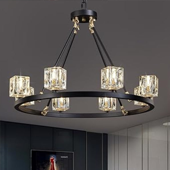 US Local Black Wagon Wheel Chandelier, 8-Light Farmhouse Crystal Chandeleirs With Adjustable Height,Ceiling Hanging Light Fixture Pendant Lights For Living Room,Bedroom,Kitchen Island,Dining Room,Bedroom