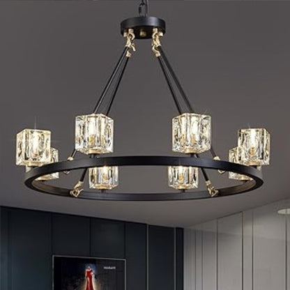 US Local Black Wagon Wheel Chandelier, 8-Light Farmhouse Crystal Chandeleirs With Adjustable Height,Ceiling Hanging Light Fixture Pendant Lights For Living Room,Bedroom,Kitchen Island,Dining Room,Bedroom