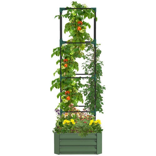 US Local Outsunny Galvanized Raised Garden Bed, 24 X 24 X 11.75 Outdoor Planter Box With Trellis Tomato Cage And Open Bottom For Climbing Vines, Vegetables, Flowers In Backyard, Garden, Patio, Green