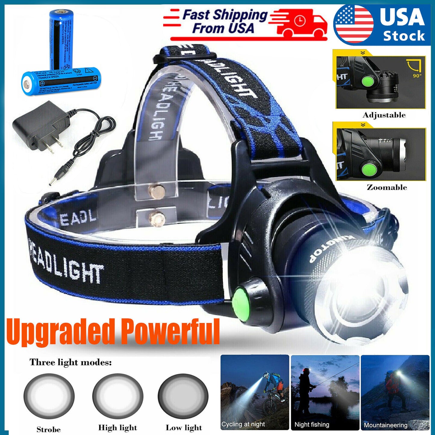 US Local LED Headlamp Rechargeable Head Torch Zoom Headlight Super Bright Flashlight 3 Modes Work Light With 2 Li-ion Batteries Charger