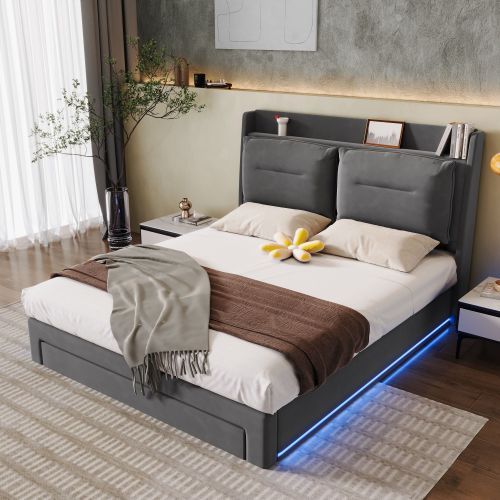 UK Local Upholstered Bed, 135x190  4ft6, Double Bed, Hydraulic Bed, 2-in-1 Storage Drawers At The End Of The Bed, Recessed LED Light Strips On Both Sides Of The Bed, Slatted Frame, Velvet,Dark Gray