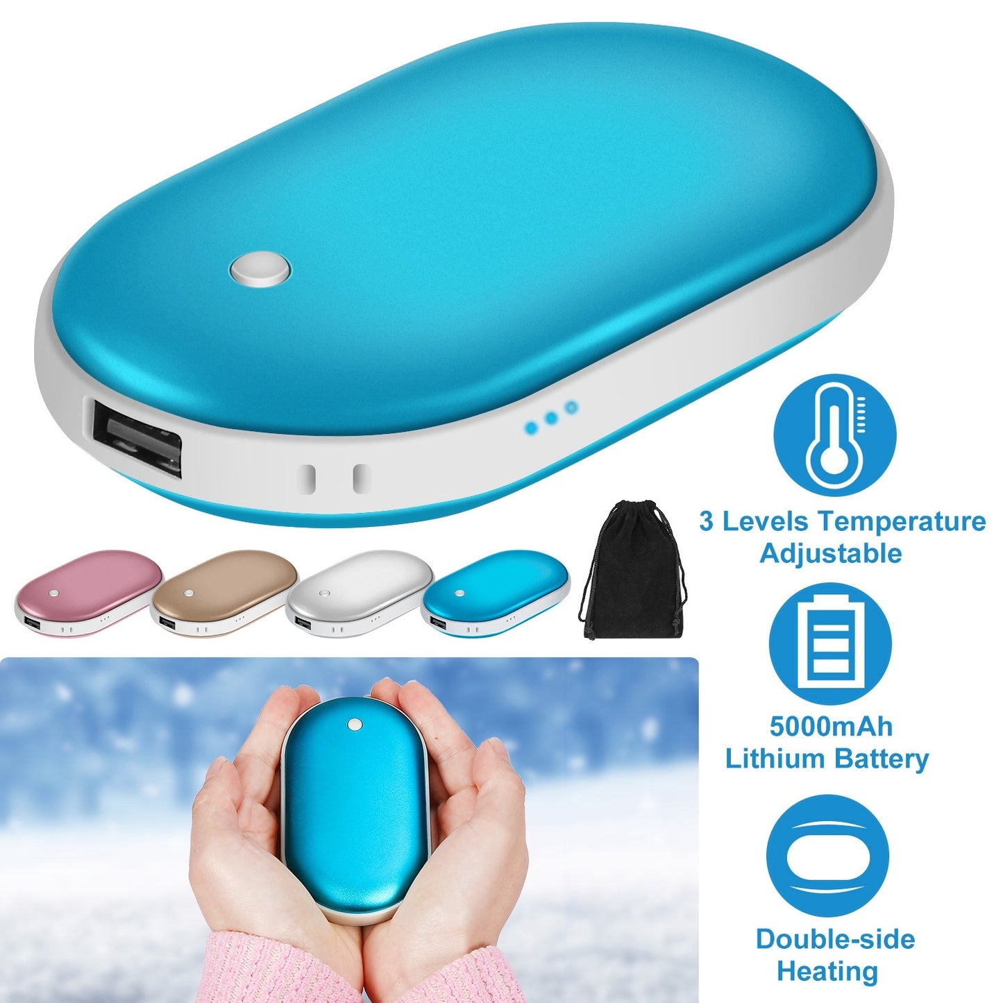 US Local 1Pc Portable Hand Warmer 5000mAh Power Bank Rechargeable Pocket Warmer Double-Sided Heating Handwarmer