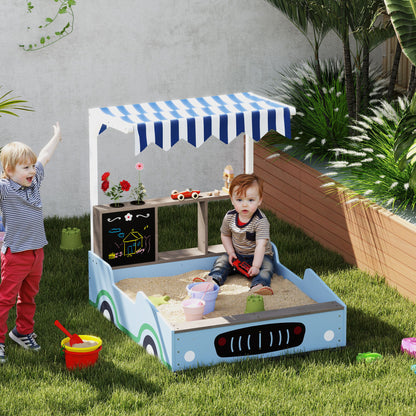 US Local Kids Wooden Sandbox With Canopy With Bench Seats, Bottom Liner, Drawing Board, Planting Boxes For Backyard, Garden, Blue