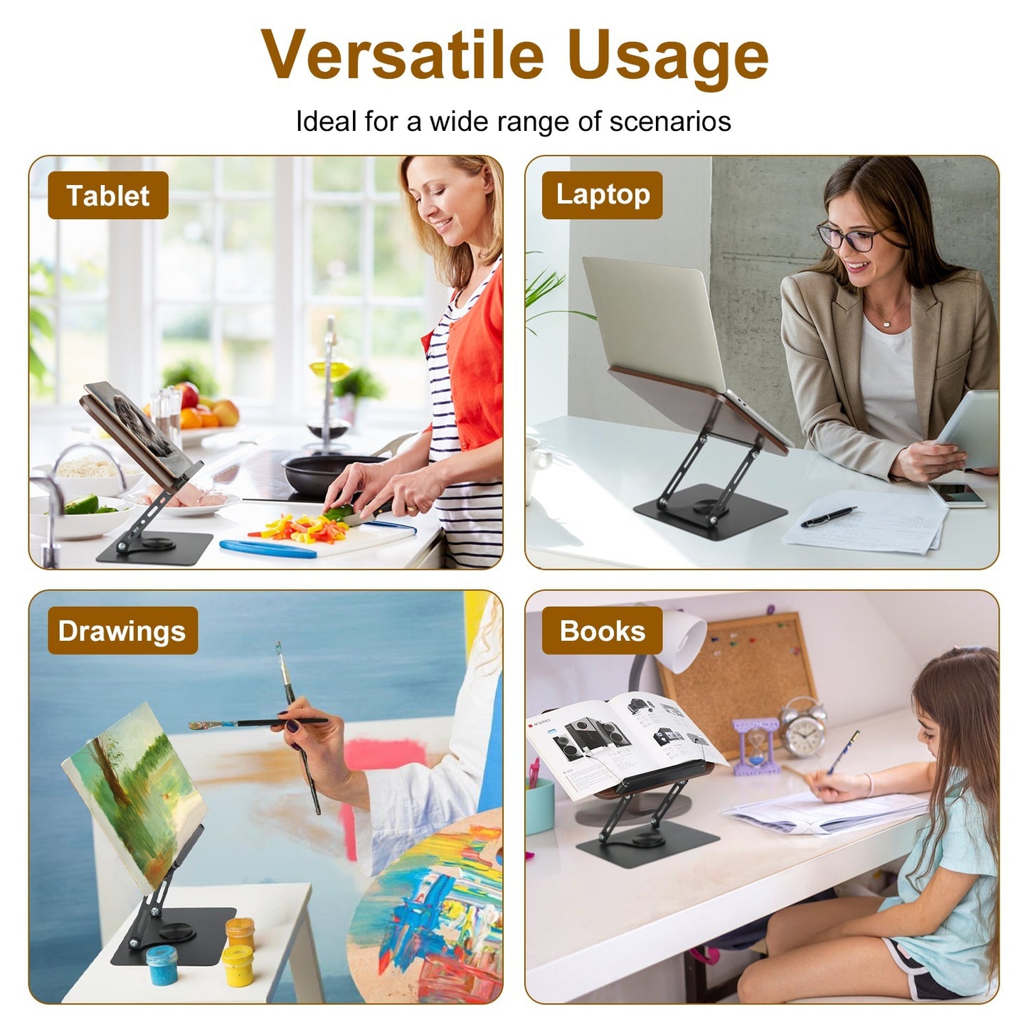 US Local 1Pc Book Stand For Reading Foldable Wood Book Holder Reading Rack Paper Stand With Adjustable Height 360 Degree Rotatable Base Dual Paper Clips For Book Sheet Music Laptop Drawing Tablet