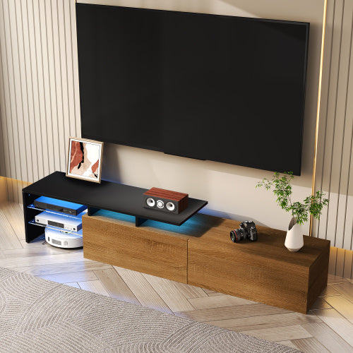 UK Local Modern TV Cabinet Design Stylish And Elegant, Practical Storage Space, Black And Wood Look, Glass Shelves, LED Lighting