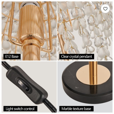 US Local 19  Elegant Crystal Table Lamp   Vintage Waterfall Design With Teardrop Grape Crystal Bead String Shades And Marble Textured Base For Living Room, Bedroom, Or Office  Bulb Not Included