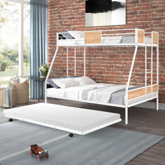US Local Metal Double Bunk Bed With Rollers Heavy Duty Sturdy Metal Noise Reduction Safety Barrier Wood Trim