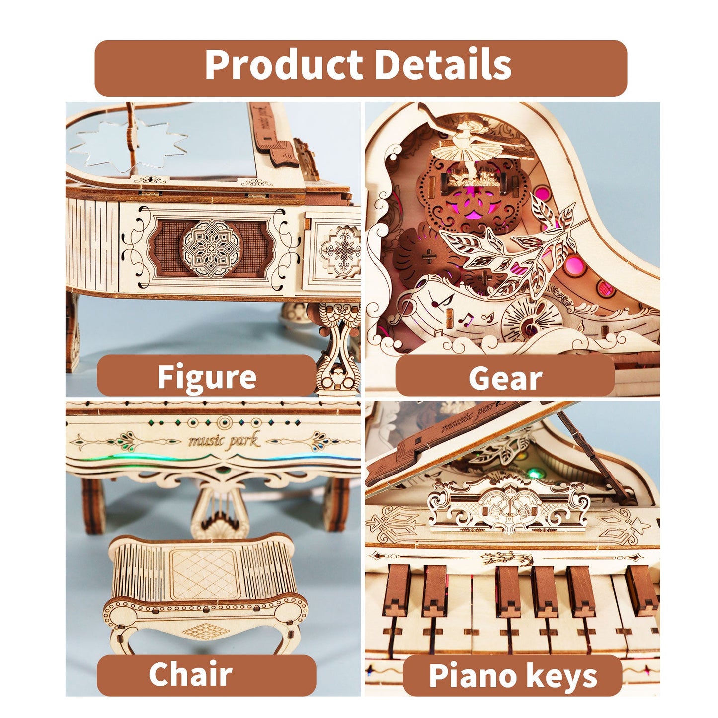 US Local MUSIC PARK 3d Wooden Puzzle Piano Music Box Can Be Played Handmade Assembly Model Kit DIY Crafts Holidays Birthdays Christmas Gifts