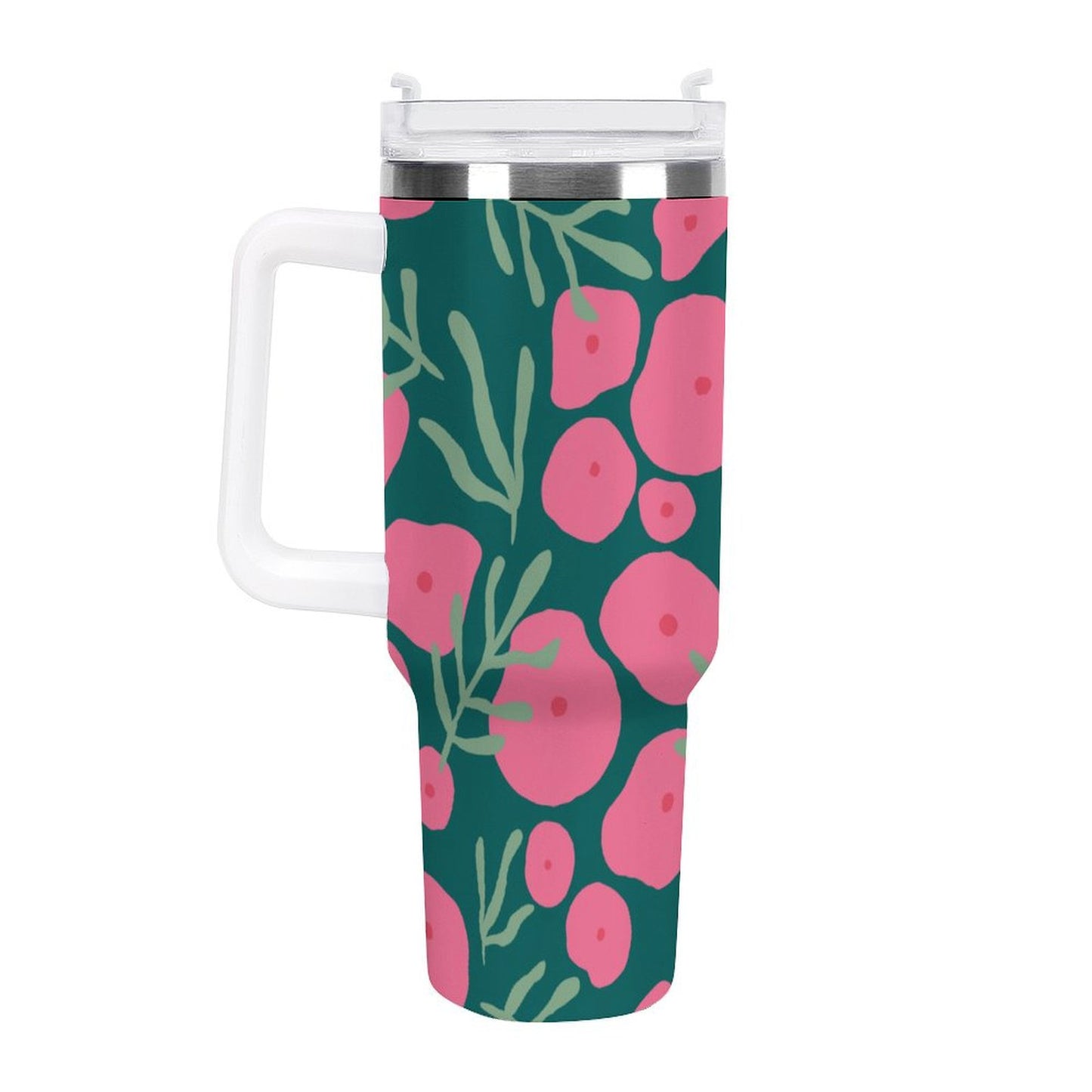 PHDT00424 POD US Local Tumbler 40 oz Large Capacity Car Cup Pink Green, Flowers, Leaves