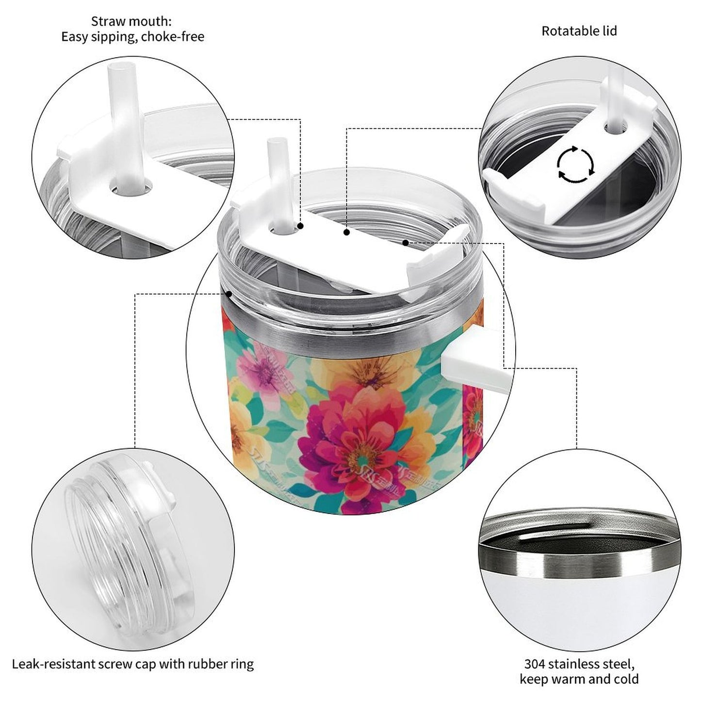 PHDT00440 POD US Local Tumbler 40 oz Large Capacity Car Cup Red Flowers, Green Leaves, Vintage