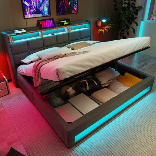 UK Local Upholstered Double Bed 135 X 190 Cm With LED Lighting, USB Type-C Charging Function, Storage Headboard, 4FT6 Double Bed Storage Bed Frame With Metal Slatted Frame, Linen, Grey No Mattress