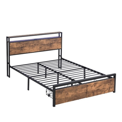 US Local Queen Size Bed Frame With Storage Headboard And 2 Drawers, LED Lights Bed With Charging Station