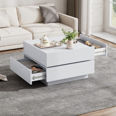 UK Local Square 360 Rotating Coffee Table With 2 Drawers, Wooden 2-Tier Center Table With Swivel Tabletop And Storage, Tea Table , WhiteTable Frame Side Table For Living Room