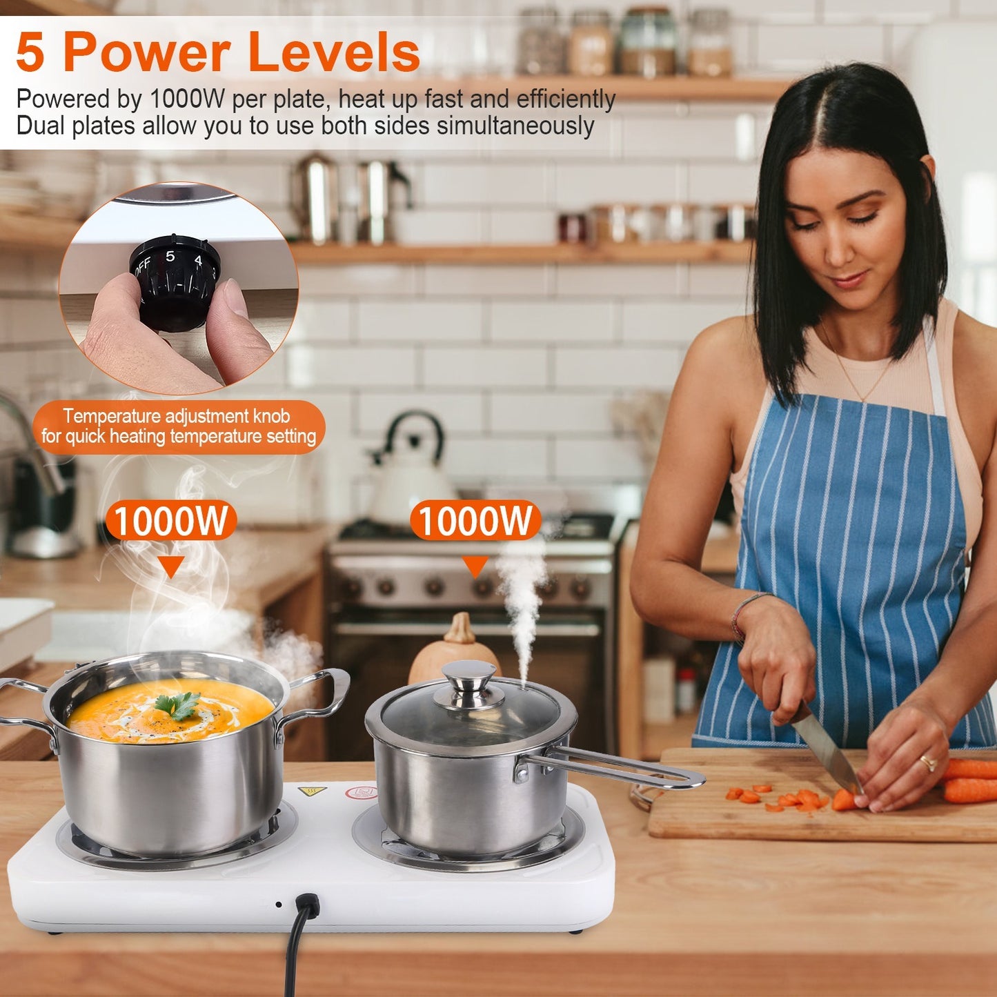 2 Color Options -- 1Pc 2000W Electric Double Burner Portable Coil Heating Hot Plate Stove Countertop RV Hotplate With Non Slip Rubber Feet 5 Temperature Adjustments