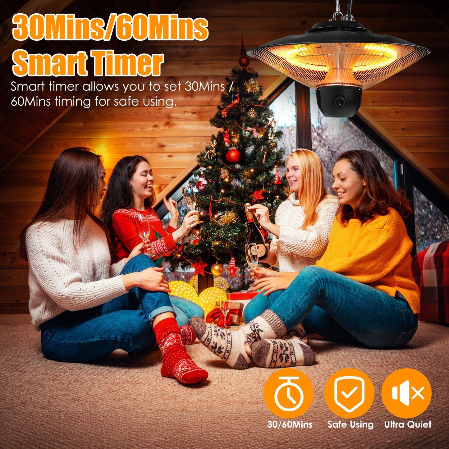 US Local 1500W Outdoor Patio Heater Electric Hanging Heated Ceiling Mounted Heating Lamp IP23 Waterproof With 3 Heating Levels 30Mins 60Mins Timer 2 Remote Control For Garage Balcony Courtyard