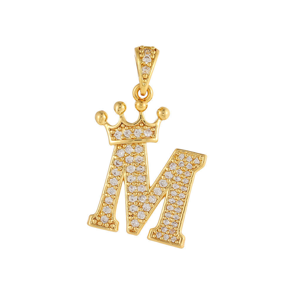 Gold Plated Copper Inlaid Zircon Crown 26 English Letters Full Diamond Pendant Parts