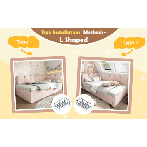 UK Local Upholstered Bed Daybed With Pull-Out Bed, 3FT Single Sofa Bed 90X190Cm,Guest Beds For Adults And Children, Bed With Metal Slatted Frame, Velvet, Pink No Mattress