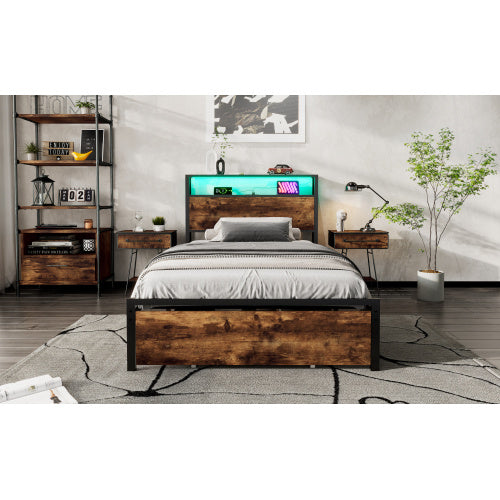 UK Local Metal Bed, 3FT Single Bed 90x190cm, With LED Light Strip And Drawer, 2 USB Port  1 Type C, Durable And Sturdy, Youth Bed, For Adults  Teenagers, Multifunctional Bed, Wrought Iron Bed, Black Walnut