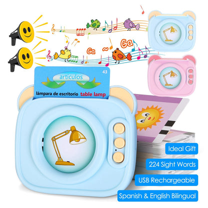 US Local Blue-Pink Color Options -- 1Pc Spanish & English Talking Flash Cards 224 Sight Words Bilingual Flash Cards Rechargeable Card Early Educational Toy For Boys Girls Aged 1 2 3 4 5 6 7 8 Years Old