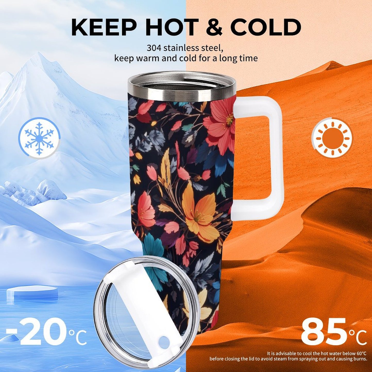 PHDT00222 POD US Local Tumbler 40 oz Large Capacity Car Cup 3D, Stereoscopic, Flower
