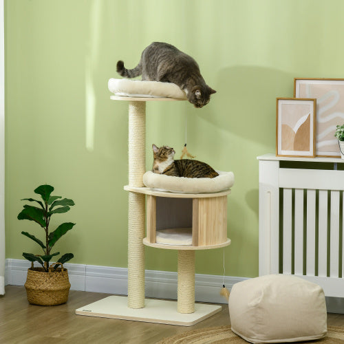 US Local PawHut 3 Level Cat Tree With Sisal Scratching Posts  Cat Badminton Toy For Playing  Soft Cushions  Play Areas