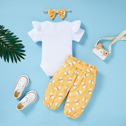 US Local Infant Baby Girl Sweet Bee Outfits Letter Print Romper Honey Bees Pants Bowknot Headband Clothes Set