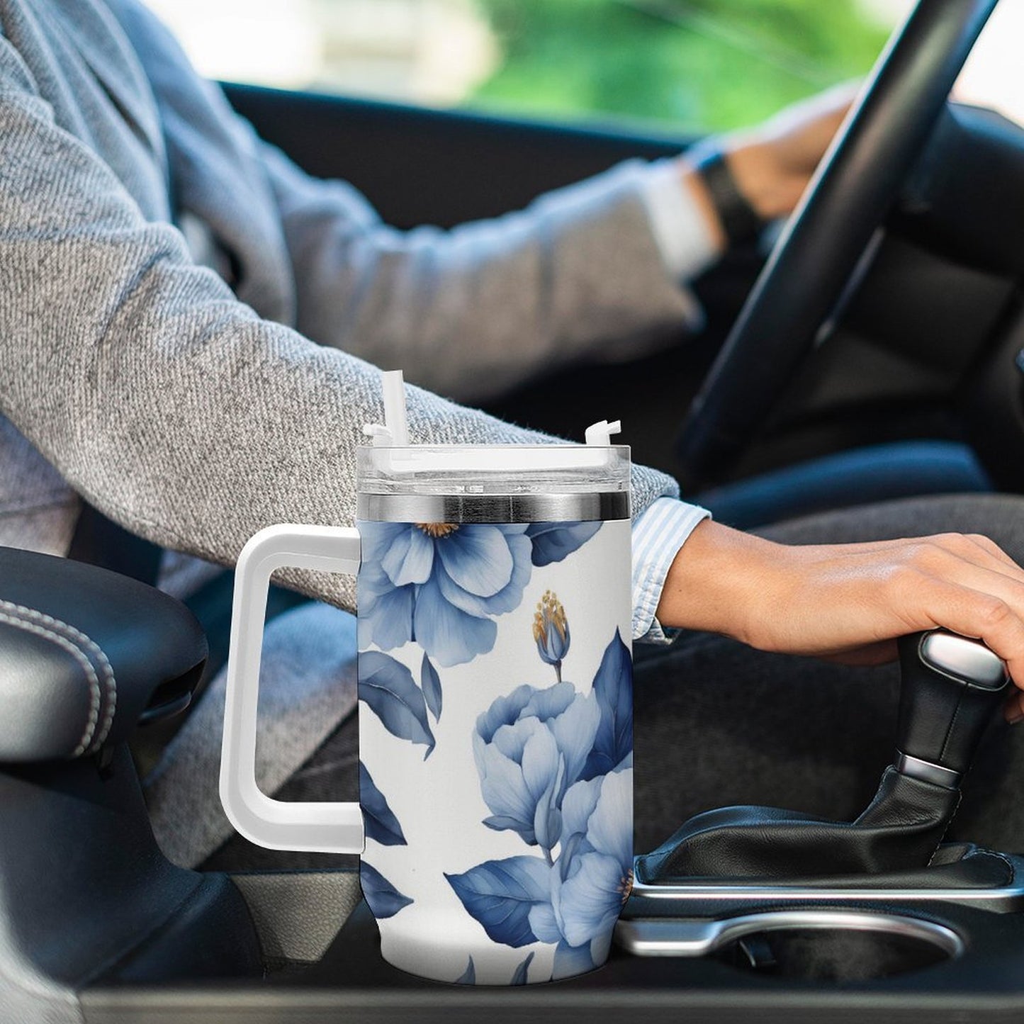 PHDT00034 POD US Local Tumbler 40 oz Large Capacity Car Cup Blue, Flowers, Leaves