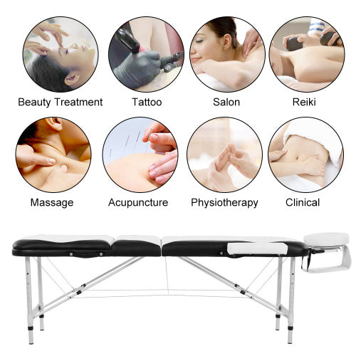 UK Local Massage Table Couch Bed Aluminium Tattoo Spa Reiki Portable Folded 3 Section With Premium PU Leather And 5 Cm High Density Multi-Layer Foam Headrest Arm Support And Carrying Bag