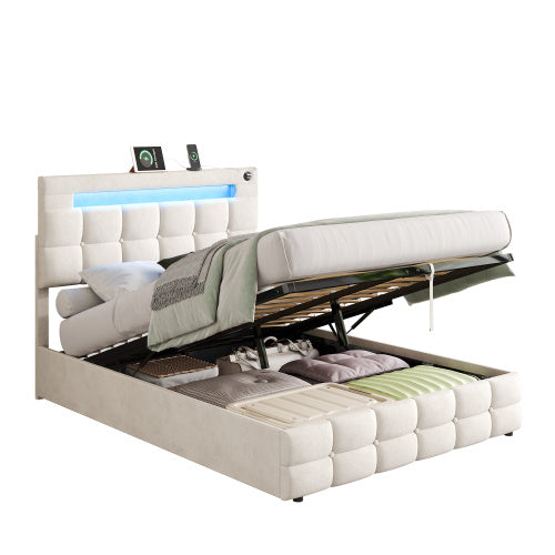 UK Local 4ft6 Double Upholstered Bed Frame With Hydraulic Storage, Velvet Ottoman Bed With LED Lighting And Charging Station, Double Bed With Adjustable Button Tufted Headboard, Beige