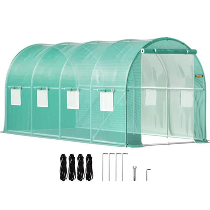 US Local VEVOR Walk-in Tunnel Greenhouse, 14.8 X 6.6 X 6.6 Ft Portable Plant Hot House W  Galvanized Steel Hoops, 1 Top Beam, Diagonal Poles, Zippered Door   8 Roll-up Windows, Green