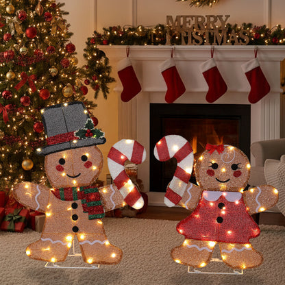 US Local Set Of 2 Lighted Gingerbread Man And Candy Cane Christmas Decorations, Pre-lit 2D Holiday Decor With 80 Warm White LED Lights For Xmas Outdoor Indoor Decor Lighted Holiday Displays
