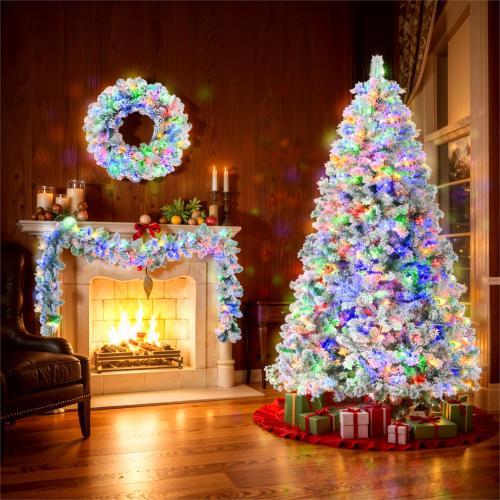 US Local 6FT Snow Flocked Christmas Tree, Pre-Lit Set With Tree & Garland & Wreath, Artificial Hinged Xmas Tree With Colorful LED Lights, 8 Lighting Modes, Pine Cones, Holiday For Home
