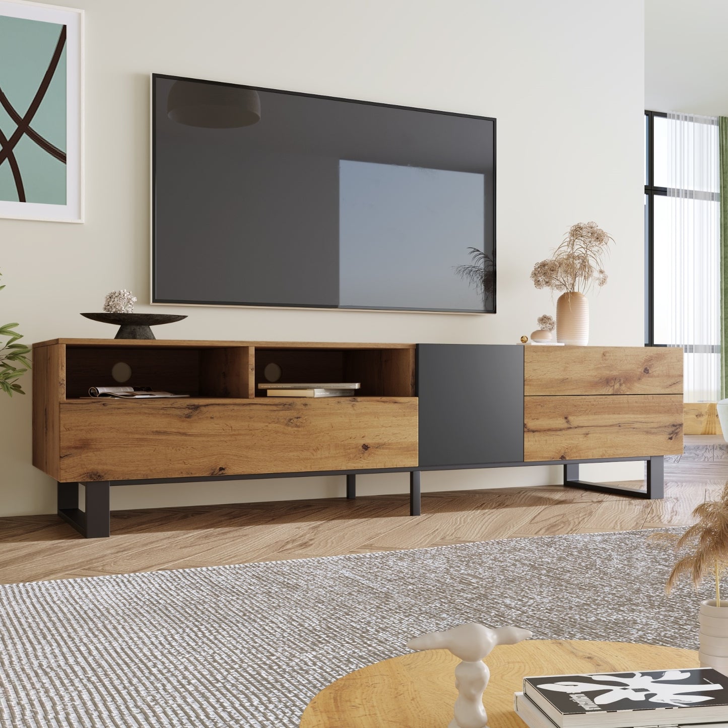 US Local Modern TV Stand For 80'' TV, Double Storage, Media Console, Entertainment Center