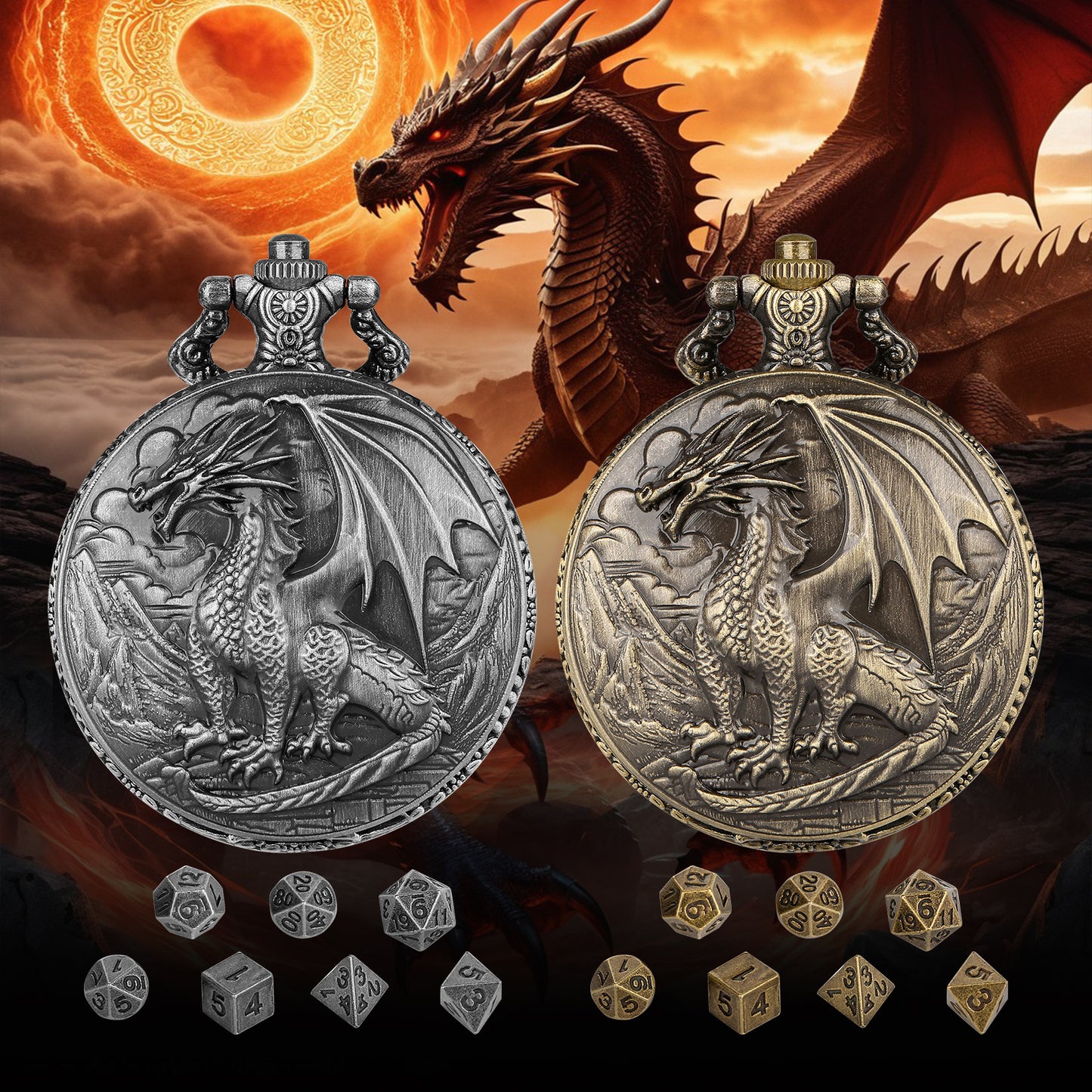 US Local Dice Set With 3D Carved Pocket Watch, Equipped With 7-piece Polyhedral Metal Dice, Role-playing Game Accessories, Men's And Women's Birthday Gifts, Christmas Gifts, Family Gathering Tabletop Games