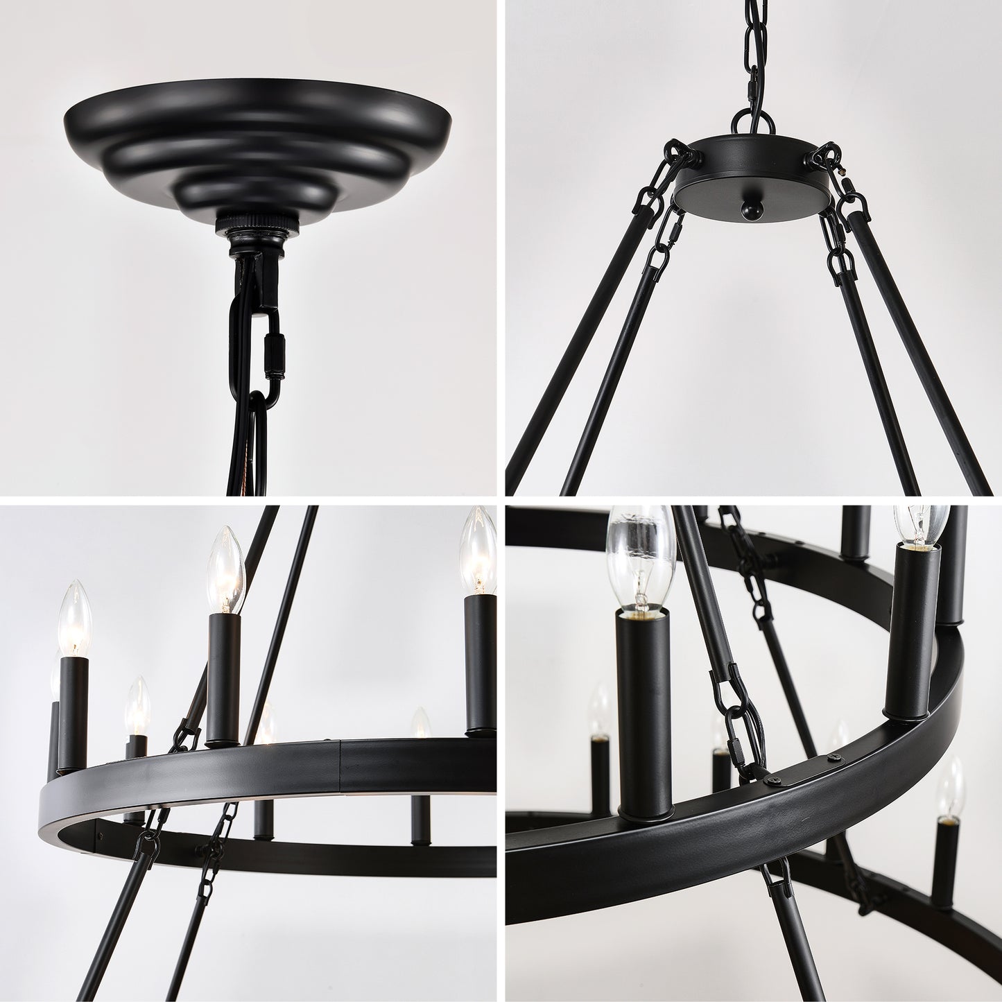 US Local 2 Tiers Wagon Wheel Chandelier Wooden Farmhouse 36-Light Black Metal Chandeliers 2-Story Light Fixtures Industrial For High Ceiling Living Dining Room Foyer. Adjustable Height
