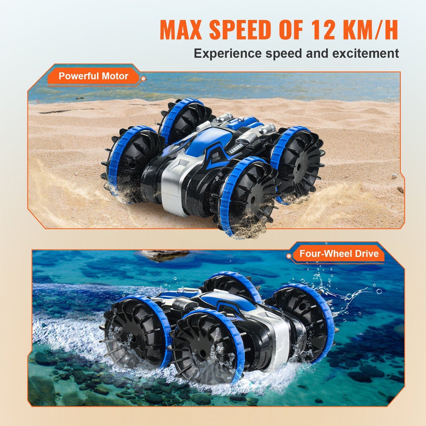 US Local VEVOR Amphibious Remote Control Car Boat 2.4 GHz 4WD RC Boat Kids Adults Blue