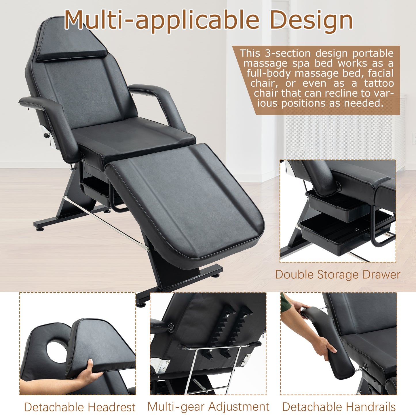 US Local Massage Salon Tattoo Chair With Two Trays Esthetician Bed With Hydraulic Stool,Multi-Purpose 3-Section Facial Bed Table, Adjustable Beauty Barber Spa Beauty Equipment