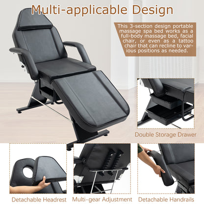 US Local Massage Salon Tattoo Chair With Two Trays Esthetician Bed With Hydraulic Stool,Multi-Purpose 3-Section Facial Bed Table, Adjustable Beauty Barber Spa Beauty Equipment