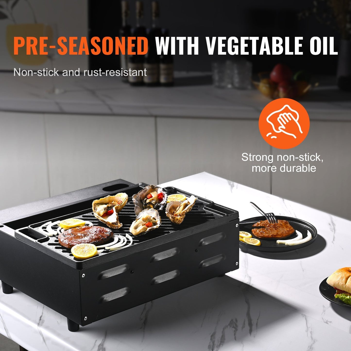 US Local VEVOR Reversible Grill Griddle, Pre-Seasoned Cast Iron Griddle, Rectangular Double Burner Griddle Pan, Non-Stick Family Pan Cookware With Handles, Flat Top Plate For BBQ, Gas Grill, Black