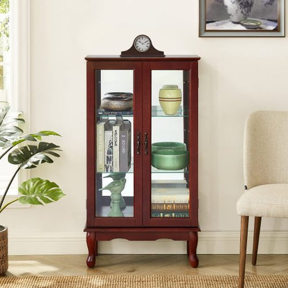 US Local Curio Cabinet Lighted Curio Diapaly Cabinet With Adjustable Shelves And Mirrored Back Panel, Tempered Glass Doors