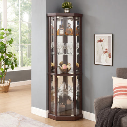 US Local Corner Lighted Curio Cabinet Corner Glass Cabinet Lighted Curio Cabinet Corner Display Case For Living Room, Curio Cabinet, Antique Collection, Wine,Bar Glass Storage Light Included,Dark Cherry