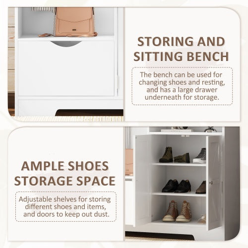 US Local Multi-functional Hall Tree With Storage Shelves Drawers And Cabinet, Elegant Hallway Shoe Cabinet With Bench, Modern Coat Rack With Hooks For Hallway Entryways