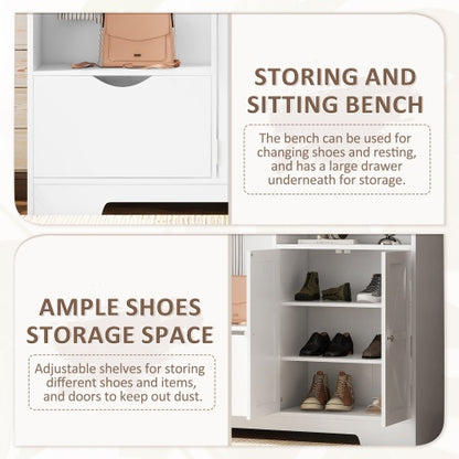 US Local Multi-functional Hall Tree With Storage Shelves Drawers And Cabinet, Elegant Hallway Shoe Cabinet With Bench, Modern Coat Rack With Hooks For Hallway Entryways