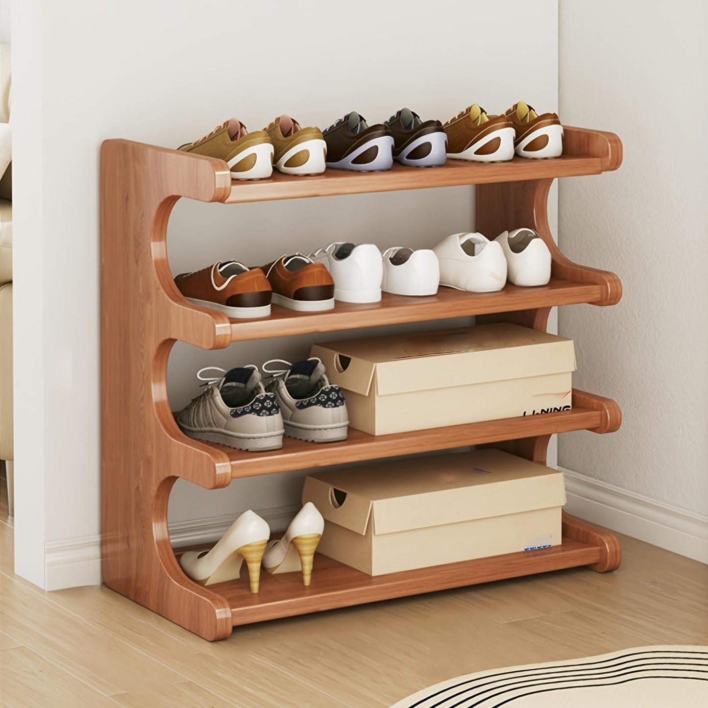 US Local Four-layer Wooden Stackable Floor-standing Shoe Rack Suitable For Entrance, Wardrobe And Corridor To Store High Heels, Sneakers And Sandals,Currently Supports Self-pickup
